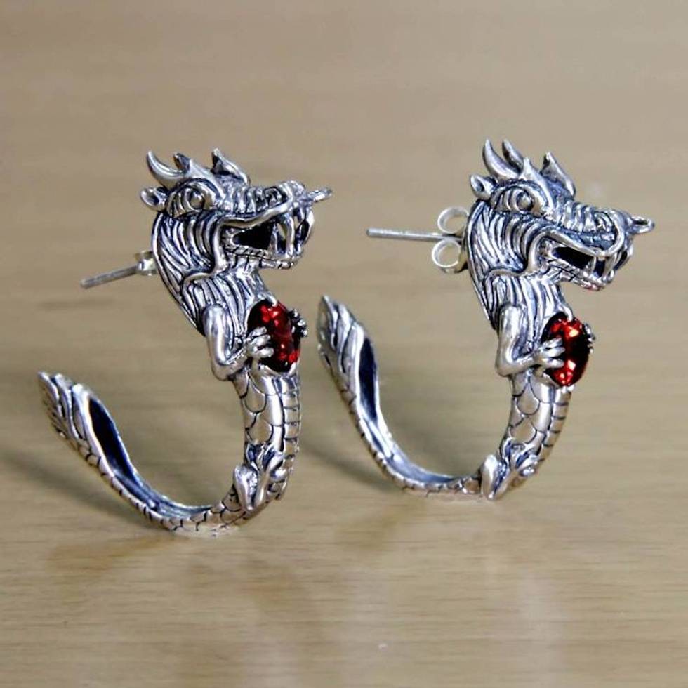 Dragon Half-Hoop Sterling Silver Earrings with Garnets 'Dragon's Heart'
