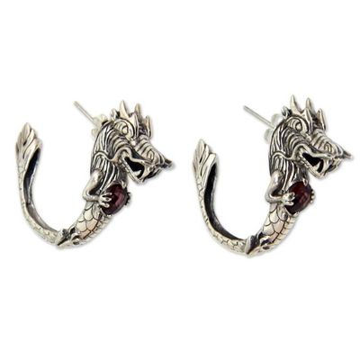 Alternate image for Dragon Half-Hoop Sterling Silver Earrings with Garnets Dragons Heart