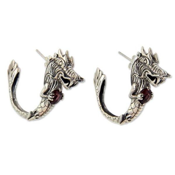 Alternate image for Dragon Half-Hoop Sterling Silver Earrings with Garnets Dragons Heart