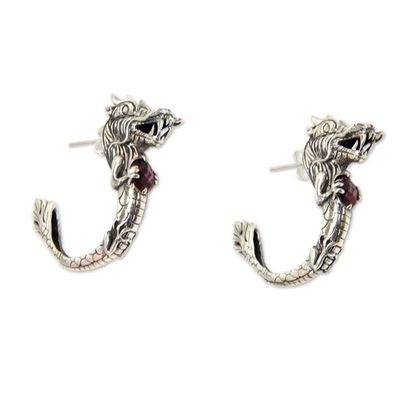 Alternate image for Dragon Half-Hoop Sterling Silver Earrings with Garnets Dragons Heart