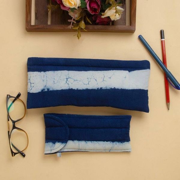 Alternate image for Striped Blue White Cotton Pencil Eyeglass Case 2-Piece Set Indigo Functionality