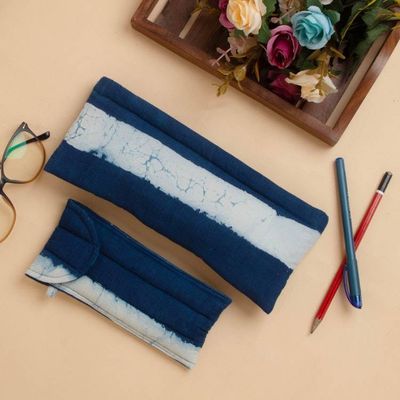 Alternate image for Striped Blue White Cotton Pencil Eyeglass Case 2-Piece Set Indigo Functionality
