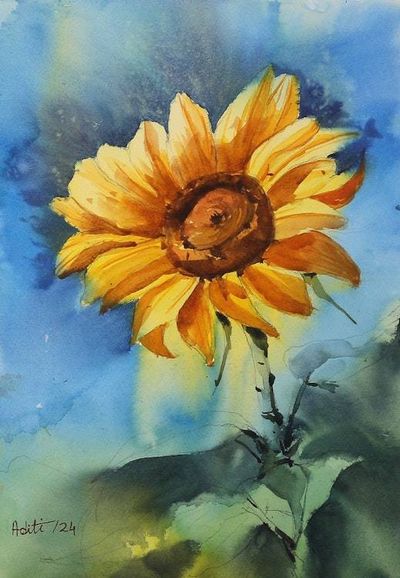 Primary image for Spring-Themed Impressionist Watercolor Sunflower Painting Sunlit Bloom