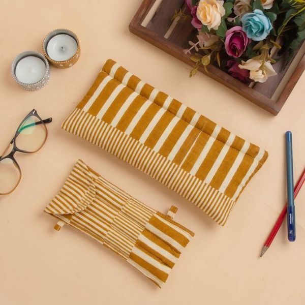Alternate image for Cotton Pencil Eyeglass Case 2-Piece Set with Striped Design Yellow and Jolly Functionality