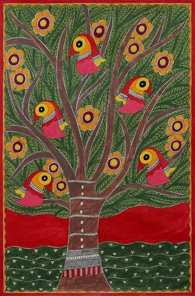 Alternate image for Signed India Madhubani Folk Art Painting in Green and Red Tree of Life II