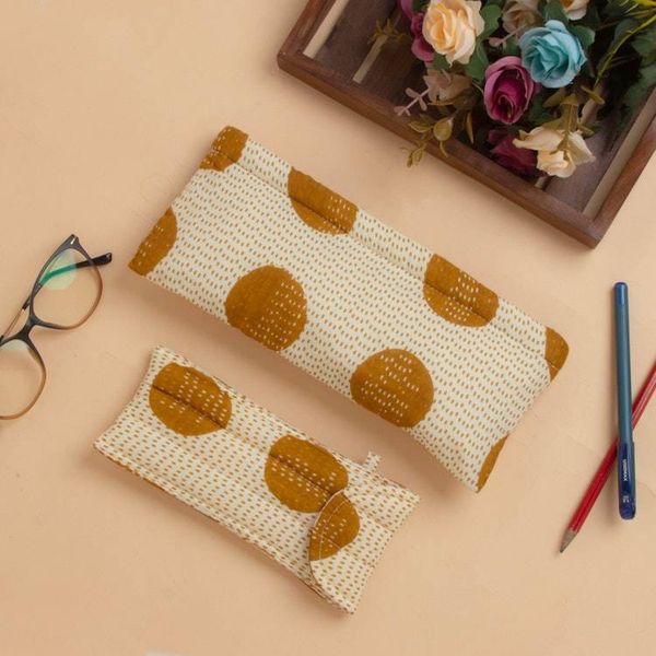 Alternate image for Dotted Ochre Ivory 2-Piece Cotton Pencil Eyeglass Case Set Ochre Dot Functionality