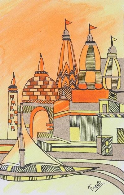 Alternate image for Acrylic Cityscape Painting on Canvas Banaras Ghat