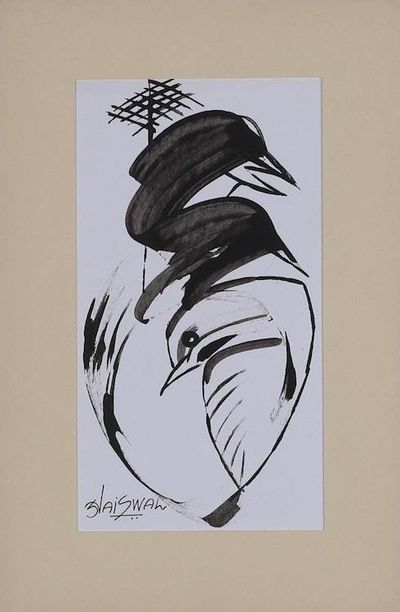 Alternate image for Expressionist Black and White Mixed Media Swan Painting A Swan in Serene Waters