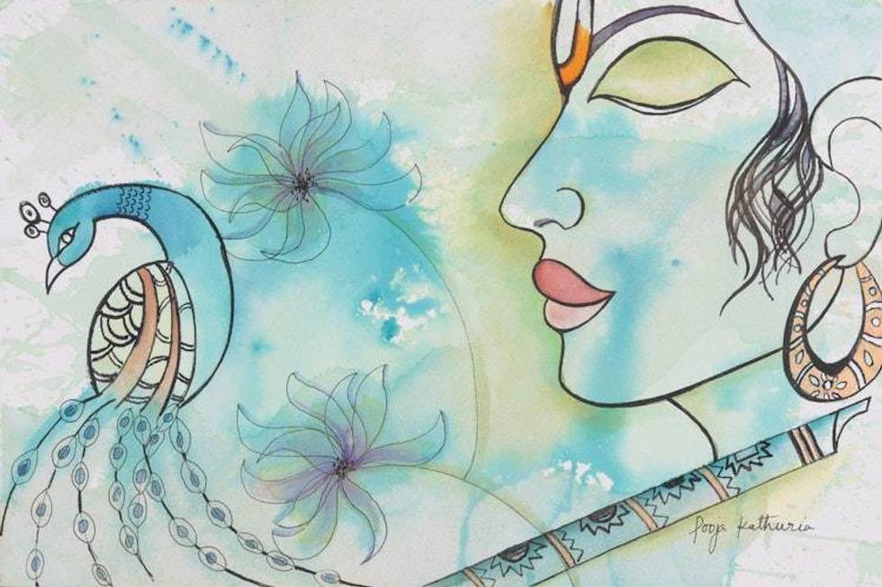 Signed Mixed Media Painting of Lord Krishna 'Shobhita'