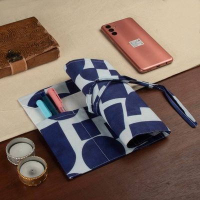 Alternate image for Block-Printed Blue and White 100 Cotton Roll Pencil Case Avant-Garde Mind