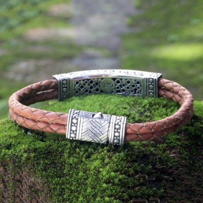 Alternate image for Mens Sterling Silver and Leather Wristband Bracelet Jakarta Man