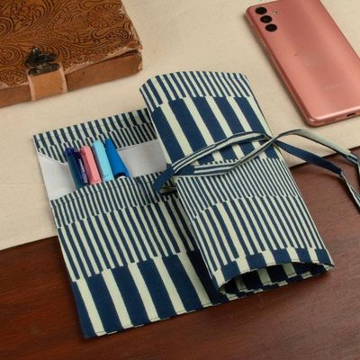 Alternate image for Artisan-Made Blue and Ivory 100 Cotton Roll Pencil Case Blue  Bright