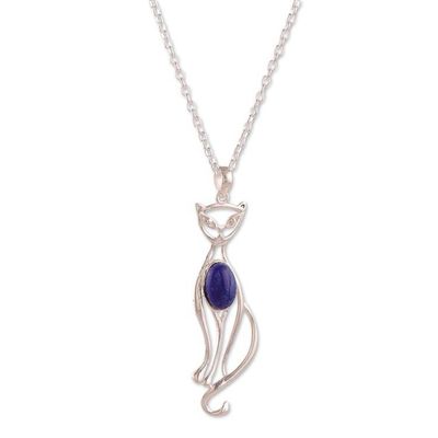 Alternate image for Cat-Themed Silver Pendant Necklace with Lapis Lazuli Stone Magical Cat