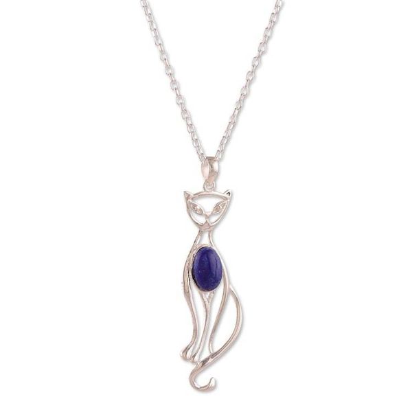 Alternate image for Cat-Themed Silver Pendant Necklace with Lapis Lazuli Stone Magical Cat