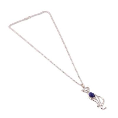 Alternate image for Cat-Themed Silver Pendant Necklace with Lapis Lazuli Stone Magical Cat