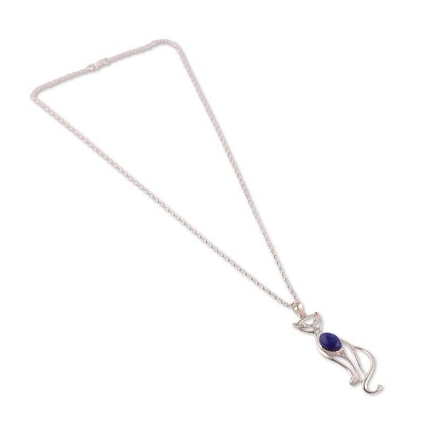 Alternate image for Cat-Themed Silver Pendant Necklace with Lapis Lazuli Stone Magical Cat