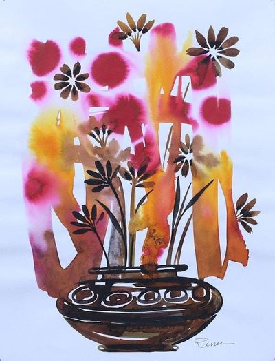 Primary image for India Colorful Signed Ink Painting of Flowers in a Pot Flower Wonder