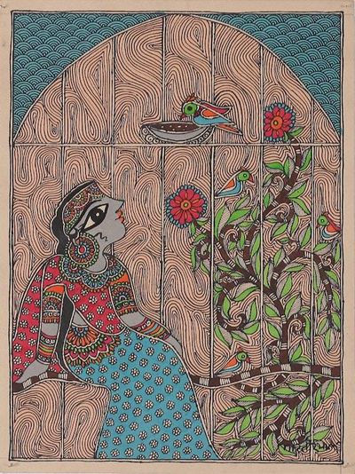 Alternate image for Madhubani Painting of Indian Queen with Tree and Birds Waiting for the King