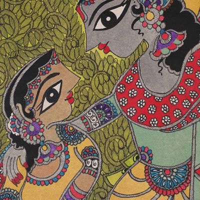 Alternate image for Madhubani Painting of Hindu Deities Krishna and Radha Radha and Krishna Divine Love