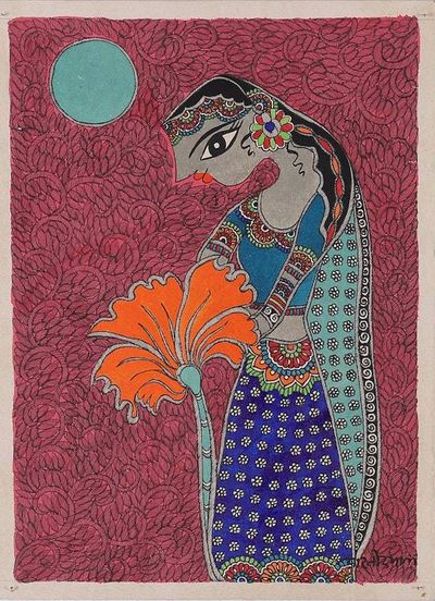 Alternate image for Madhubani Painting of Indian Princess with Exotic Flower Happy Princess