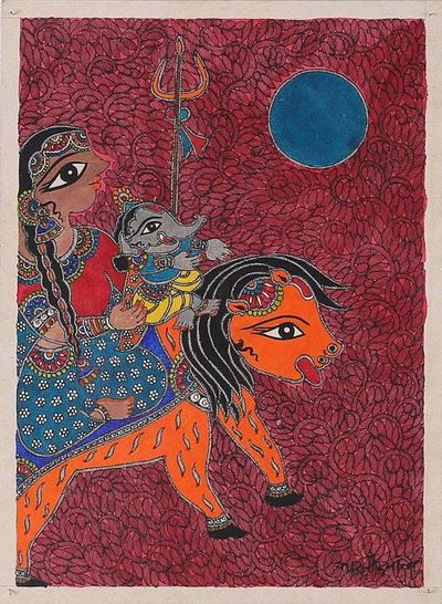 Alternate image for Natural Dye Madhubani Painting of Parvati and Ganesha Motherly Bond