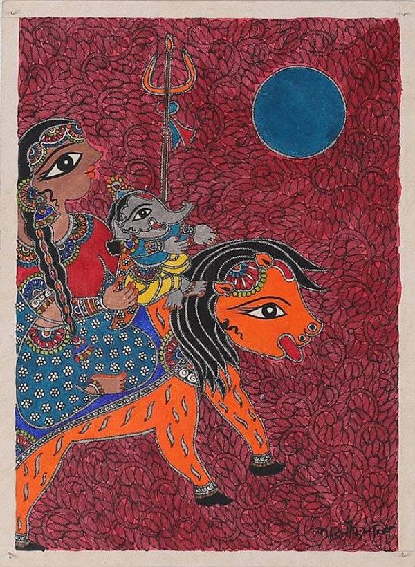 Alternate image for Natural Dye Madhubani Painting of Parvati and Ganesha Motherly Bond