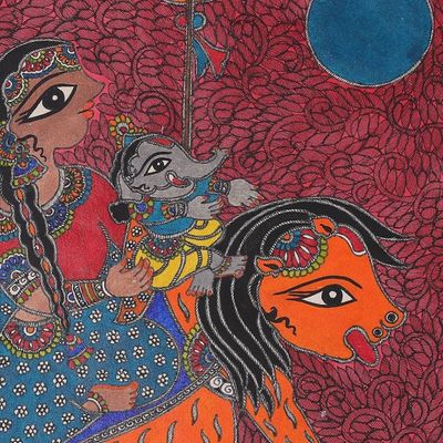 Alternate image for Natural Dye Madhubani Painting of Parvati and Ganesha Motherly Bond
