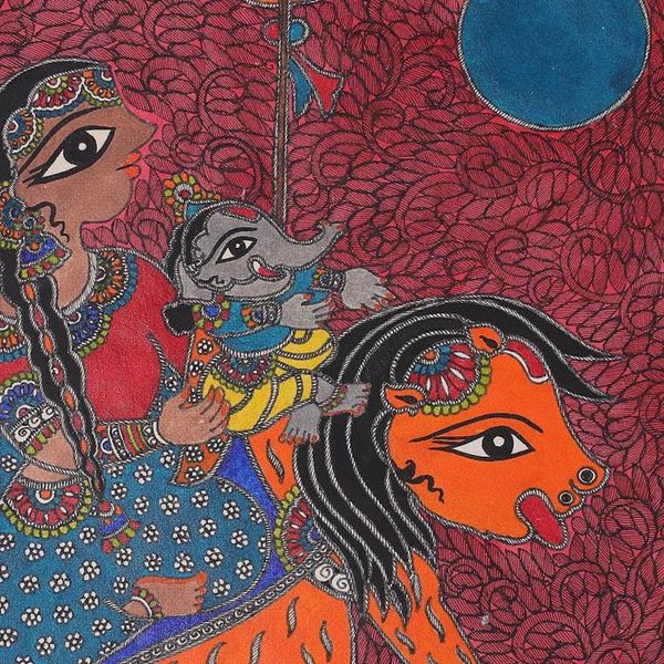 Alternate image for Natural Dye Madhubani Painting of Parvati and Ganesha Motherly Bond