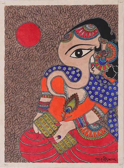 Primary image for Classic Natural Dye Madhubani Painting of Wise Ganesha Ganesha Reading the Scriptures