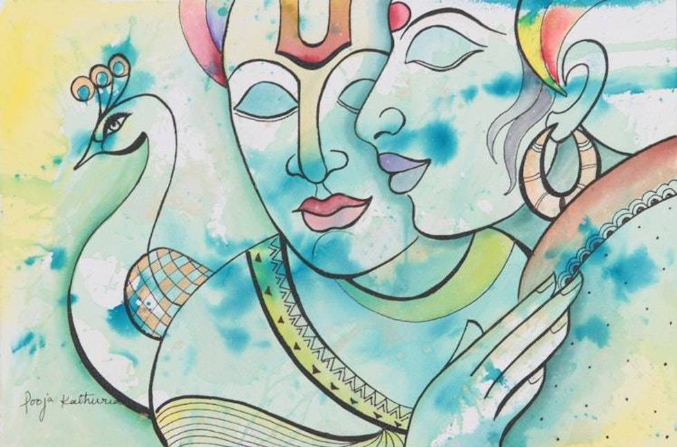 Signed Original Hindu Painting from India 'Lord of Gopis'