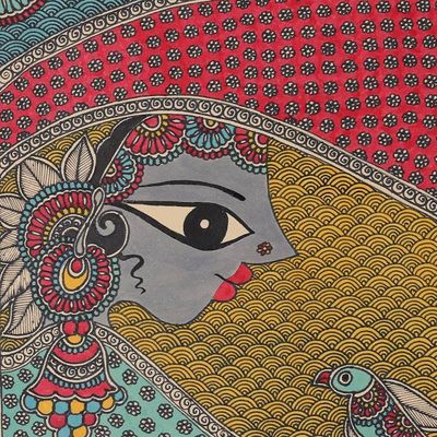 Alternate image for Classic Natural Dye Madhubani Painting of Queen and Bird Queen in Solitude