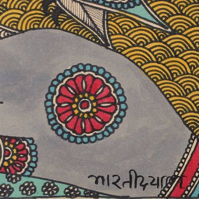 Alternate image for Classic Natural Dye Madhubani Painting of Queen and Bird Queen in Solitude
