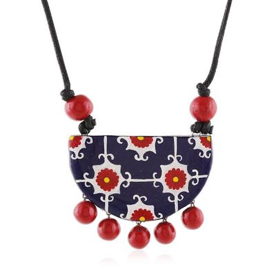 Alternate image for Moroccan-Inspired Blue and Red Ceramic Pendant Necklace Moroccan Rhapsody