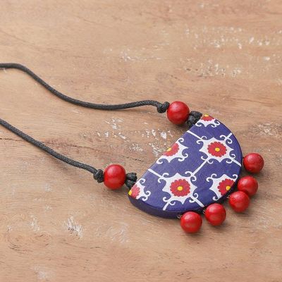 Alternate image for Moroccan-Inspired Blue and Red Ceramic Pendant Necklace Moroccan Rhapsody