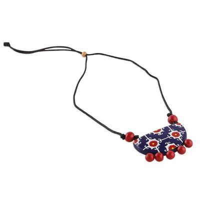 Alternate image for Moroccan-Inspired Blue and Red Ceramic Pendant Necklace Moroccan Rhapsody