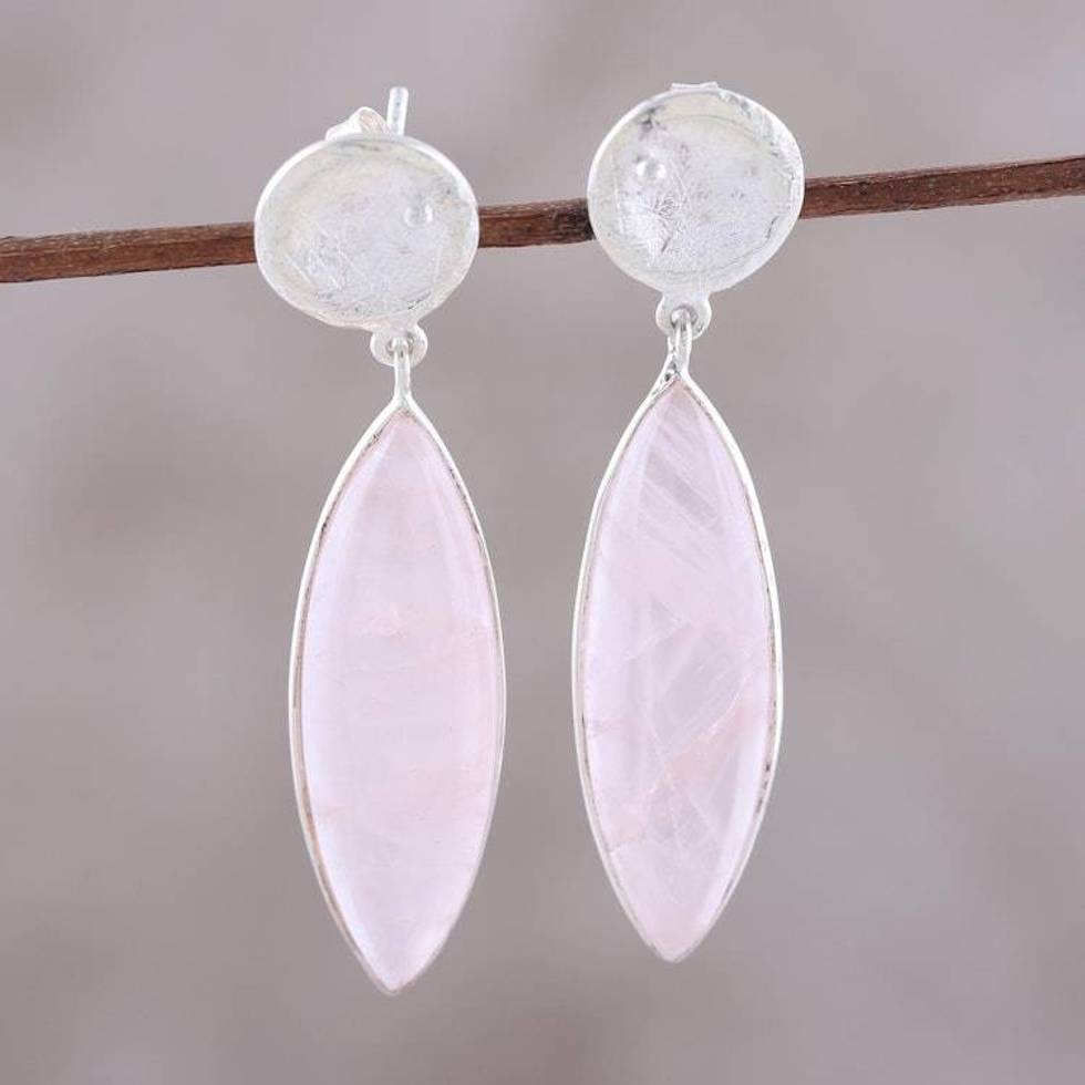 Rose Quartz and Sterling Silver Marquise-Cut Dangle Earrings 'Subtle Serenity'