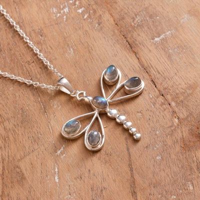 Alternate image for Dragonfly-Themed Labradorite Pendant Necklace from India Dragonflys Transformation