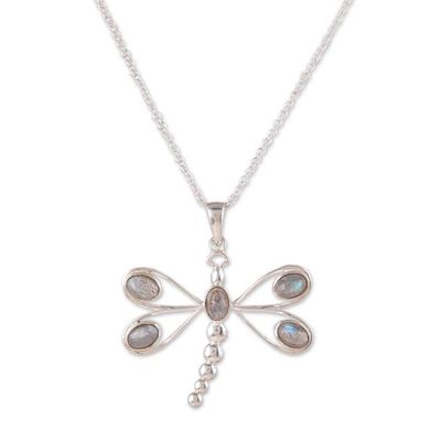 Alternate image for Dragonfly-Themed Labradorite Pendant Necklace from India Dragonflys Transformation