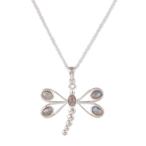 Alternate image for Dragonfly-Themed Labradorite Pendant Necklace from India Dragonflys Transformation