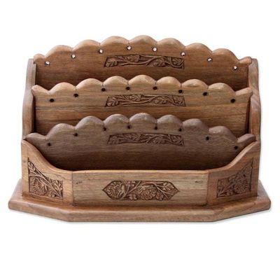 Alternate image for Artisan Crafted Walnut Wood Letter Rack with Floral Motif Blooming Floral Vines