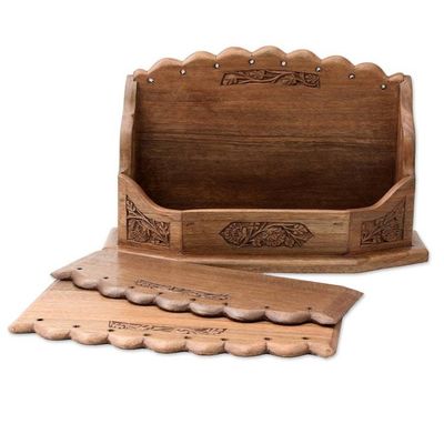 Alternate image for Artisan Crafted Walnut Wood Letter Rack with Floral Motif Blooming Floral Vines