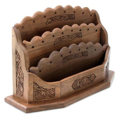 Alternate image for Artisan Crafted Walnut Wood Letter Rack with Floral Motif Blooming Floral Vines