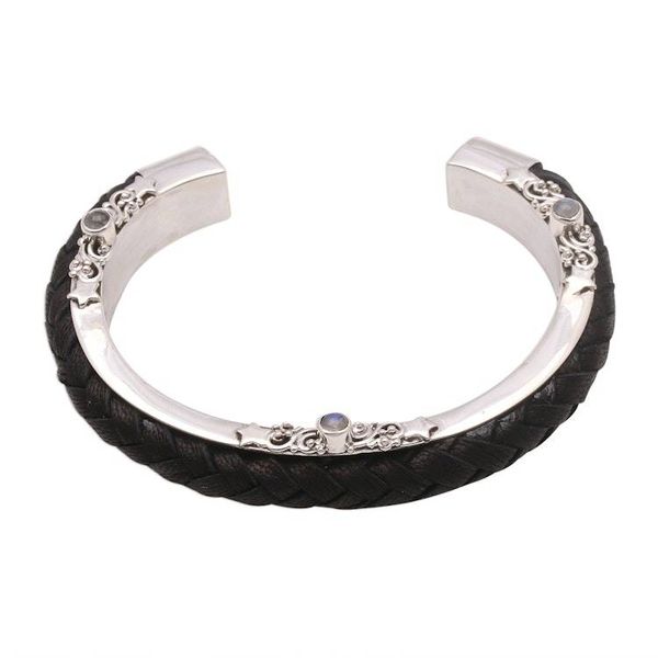 Alternate image for Leather and Rainbow Moonstone Cuff Bracelet from Bali Beautiful Goodness