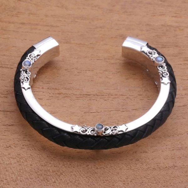 Alternate image for Leather and Rainbow Moonstone Cuff Bracelet from Bali Beautiful Goodness
