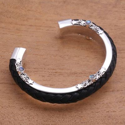 Alternate image for Leather and Rainbow Moonstone Cuff Bracelet from Bali Beautiful Goodness