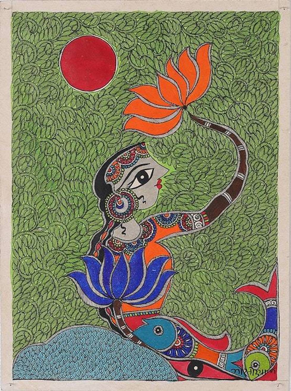 Acrylic Vegetable Dyes on Paper Mermaid Madhubani Painting 'Dancing Mermaid II'