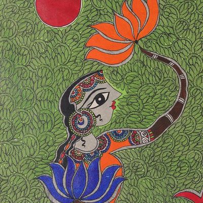Alternate image for Acrylic Vegetable Dyes on Paper Mermaid Madhubani Painting Dancing Mermaid II