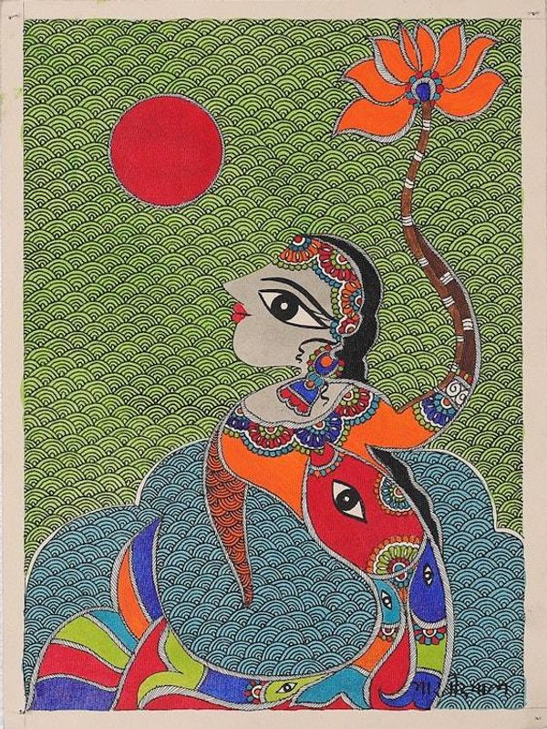 Alternate image for Mermaid Madhubani Painting on Handmade Paper from India Dancing Mermaid