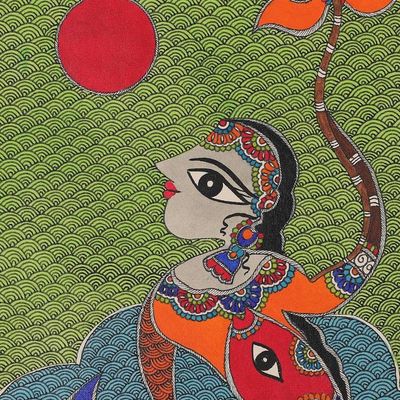 Alternate image for Mermaid Madhubani Painting on Handmade Paper from India Dancing Mermaid