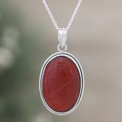 Primary image for Red Onyx Pendant Necklace Crafted from Sterling Silver Leaf Charm